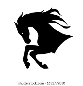 Portrait of a graceful rearing up horse with a waving mane. black silhouette. Horses head shape logo, emblem, icons, tattoo. Vector illustration