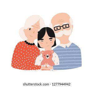 Portrait of grandfather, grandmother and granddaughter. Grandma and grandpa embracing their grandchild. Adorable cartoon characters isolated on white background. Colorful flat vector illustration.