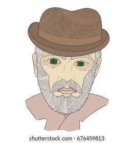 Portrait of grandfather with a mustache Zen Tangle vector illustration. Aged man in a hat and glasses. Coloring book for adults.