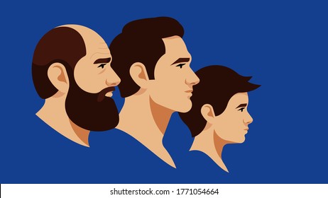 Portrait of grandpa, father and son. Different generations on the male line. Brunette men of different ages. Side view. Vector illustration in modern style. Blue background.