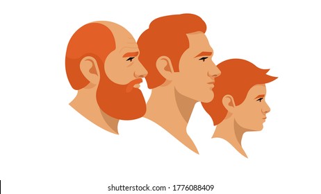 Portrait of grandpa, father and son. Different generations on the male line. Red-haired men of different ages. Side view. Vector illustration in modern style.