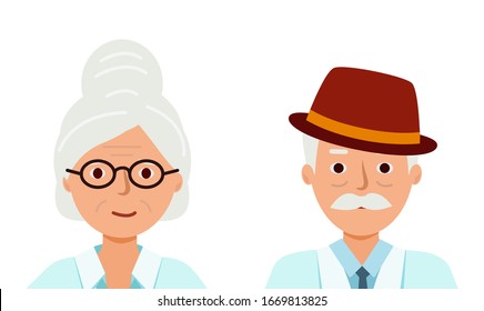 Portrait of grandparents in close-up. Happy Old people. Grandma with glasses, grandpa with a hat. Vector illustration.