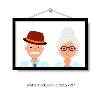 Portrait of grandparents in close-up. Happy Old people. Grandma with glasses, grandpa with a hat. Vector illustration.