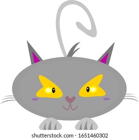 portrait of a gray kitten with a cute smile and a heart-shaped nose, a whiskered cartoon character with shining orange eyes and a rounded tail object on a white background pet concept