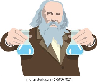 Portrait of the great Russian scientist chemist Mendeleev. Mendeleev holds out his hands, holds in his hands flasks with a chemical substance. Vector illustration.