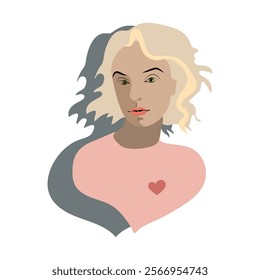 woman’s portrait with green eyes, wavy blonde hair, and a red heart on her chest. Stylish minimalist design in soft pastel tones on a white background
