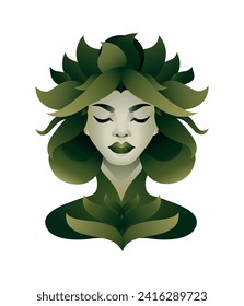 Vector verde retrato mujer hermosa con hojas de diferentes tamaños. Ella tiene el pelo verde que parece hojas.