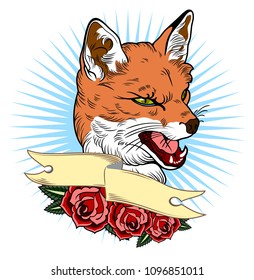 A portrait of a grim fox in an old cheek tattoo style