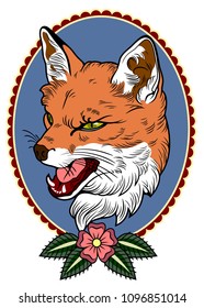 A portrait of a grim fox in an old cheek tattoo style
