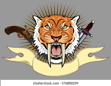 Portrait of a grin, the saber-toothed tiger on the background of a banner, and a revolver with a dagger