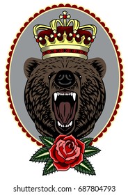 Portrait of a grinning bear with a crown on his head, In a beautiful antique frame, decorated with flowers