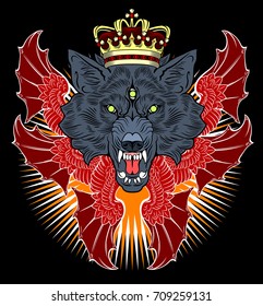 Portrait of a grinning, fanged wolf with a crown on his head and six diabolical wings. Old School Tattoo Style