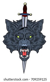 Portrait of a grinning, fanged wolf with a dagger in his head. Old School Tattoo Style