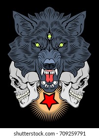 Portrait of a grinning, fanged wolf with three eyes and with skulls. Old School Tattoo Style