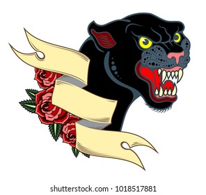 Portrait of a grinning Panther with a banner and roses