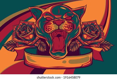 Portrait of a grinning Panther with a roses vector