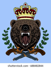 Portrait of a grinning, snarling bear with a crown on his head, a laurel and revolvers on the background