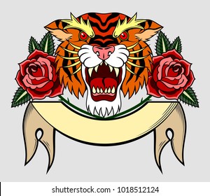Portrait of a grinning tiger  with banner and roses