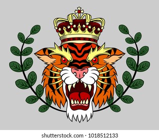 Portrait of a grinning tiger  with a golden crown on his head