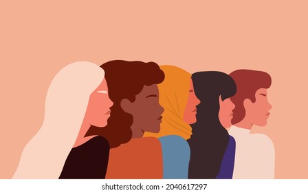 Retrato de un grupo de diferentes mujeres étnicas y culturales.  Ilustración dibujada a mano por vectores en estilo plano.