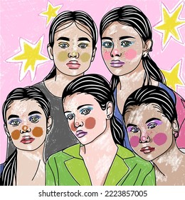 Portrait of a group of girls with a beautiful makeup, bright colors, drawing in the style of pop art