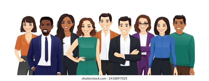 Portrait of group of happy diverse multiethnic young business people standing together. Isolated vector illustration