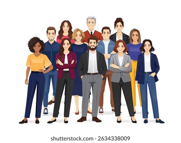 Portrait of group of happy diverse multiethnic business people standing together. Team of colleagues in different ages. Isolated vector illustration.