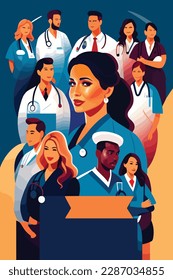 Portrait of group of nurses and doctors wearing uniforms. vector illustration