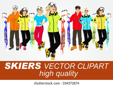 portrait of group of skiers standing with mountain skis isolated over white background