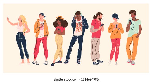 Portrait of group of young teens in stylish clothes with smartphones taking photo, making selfie, texting and surfing in internet isolated on white background. Vector flat illustration.