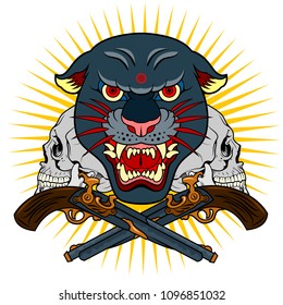 Portrait of a grunted panther in an old skull tattoo style
