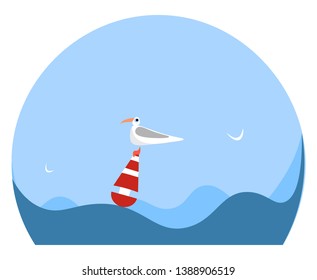 Portrait of a gull bird standing on an orange-colored buoy with longitudinal white bands in the sea and a sky with two white birds complete the background  vector  color drawing or illustration