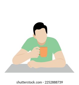 Portrait of a guy with a cup in his hands at the table, flat vector, isolated on white, faceless illustration, tea break