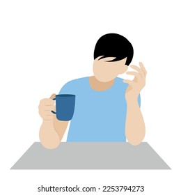 Portrait of a guy with a cup in his hands at the table, the guy is thinking about something, flat vector, isolated on white, faceless illustration, tea break