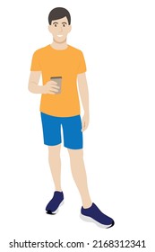 Portrait of a guy in full growth with a paper glass of coffee in his hand, vector isolated on a white background, coffee to go