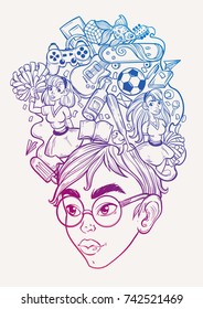 Portrait of a guy with glasses. Doodle vector illustration.