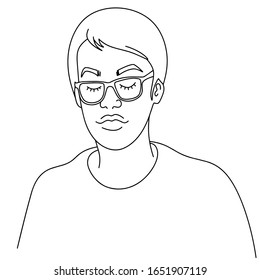 Retrato de un tipo con gafas. Joven. Estilo de pelo. Ilustración lineal vectorial plana. Separadamente sobre un fondo blanco. Chico sonriente.