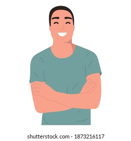 The portrait of the guy has his arms crossed over his chest and smiles. The guy in the green T-shirt. Isolated on white background, mock up for website, advertising