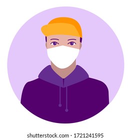 Portrait of a guy in a medical mask that protects against infections, flu and dust. Round flat vector icon on a white background.