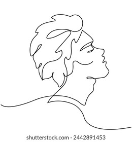 Portrait of a guy in profile, one line drawing. Attractive young man drawing in the style of minimalism. Solid line drawn art vector.