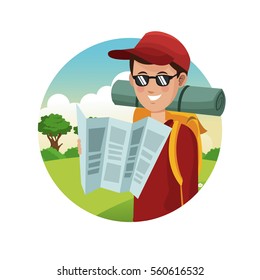 portrait guy rucksack map sunglasses red cap landscape background