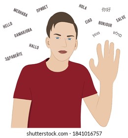 A portrait of a guy who raised his hand in greeting