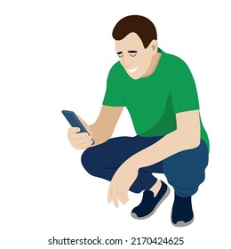 Portrait of a guy who is squatting with a phone in his hand, vector isolated on a white background, the guy looks at the smartphone