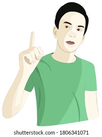 Portrait of a guy who is thoughtful and raised the index finger of one hand up