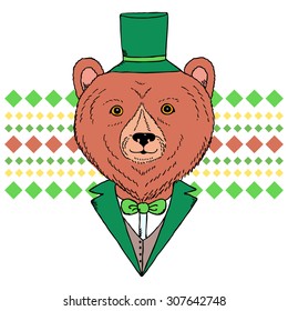 Portrait of a hand drawn bear in the suit. Background with rhombus. Can be used to design for T-shirt, card, poster. Vector fashion illustration