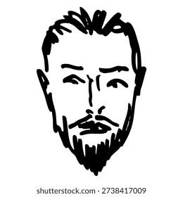Portrait of a handsome bearded man. Head of a young guy with pointed beard. Male face. Hand drawn linear doodle rough sketch. Black and white silhouette.