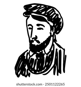 Portrait of a handsome bearded medieval or renaissance man wearing beret. Hand drawn linear doodle rough sketch. Black and white silhouette.