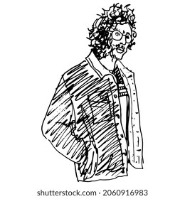 Portrait of a handsome bearded young man wearing jacket and glasses. Hand drawn linear doodle rough sketch. Black ink silhouette on white background.