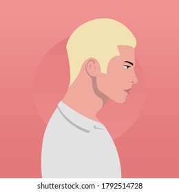 Portrait of a handsome blond hair guy. Avatar. Side view. Colorful portrait. Vector flat illustration