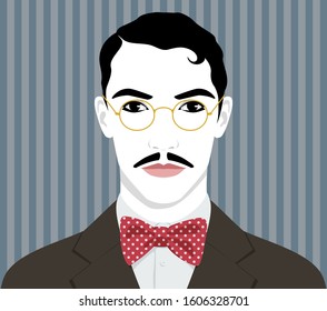 Portrait of handsome elegant man with mustache wearing golden round glasses,  dark suit, white shirt and red bow tie with polka dot pattern, colorful vector illustration in retro style